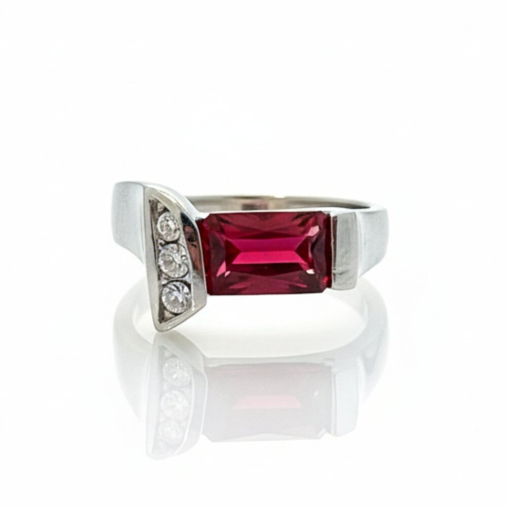 Ruby Color Red Ring With Clear Stones Silver Tone… - image 1